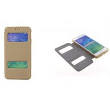 Кожен калъф Flip Cover S-View тип тефтер Puloka SS Case за Samsung Galaxy Alpha G850 - златист със стойка