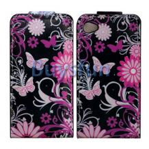 Кожен калъф Flip тефтер за Apple iPhone 5 - черен с цветя и пеперуди