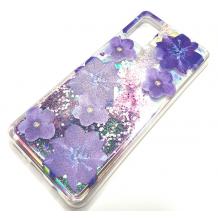 Луксозен гръб 3D Water Case за Apple iPhone 12 /12 Pro 6.1'' - течен гръб с брокат / прозрачен с лилави цветя