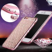 Луксозен силиконов калъф / гръб / TPU с камъни за Apple iPhone 6 / iPhone 6S - прозрачен / Rose Gold / ромбове