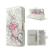 Кожен калъф Flip тефтер със стойка за Sony Xperia Z3 - бял с розови цветя / брокат