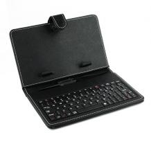 Универсален кoжен калъф за таблет 7" със стойка + клавиатура с Micro USB кабел - черен
