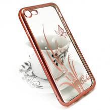 Луксозен силиконов калъф / гръб / TPU / Elegant с камъни за Apple iPhone 5 / iPhone 5S / iPhone SE - прозрачен със Rose Gold кант / цвете / пеперуда