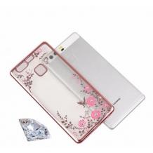 Луксозен силиконов калъф / гръб / TPU с камъни за Huawei P10 - прозрачен / розови цветя / розов кант