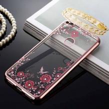 Луксозен силиконов калъф / гръб / TPU с камъни за Huawei Honor 8 Lite - прозрачен /  червени цветя / розов кант