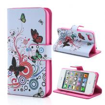 Кожен калъф Flip тефтер със стойка за Apple iPhone 4 / iPhone 4S - бял с цветя и пеперуди