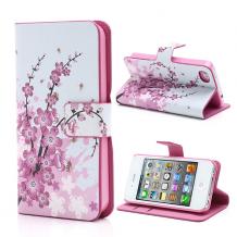 Кожен калъф Flip тефтер със стойка за Apple iPhone 4 / iPhone 4S - peach blossom