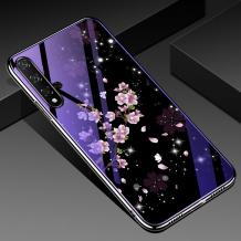 Луксозен стъклен твърд гръб със силиконов кант за Huawei Nova 5T / Honor 20 - лилави цветя