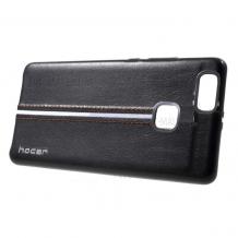 Оригинален кожен гръб HOCAR за Huawei P9 Lite - черен с бял кант