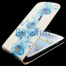 Кожен калъф Flip тефтер за Samsung Galaxy S3 III i9300 - бял със сини цветя