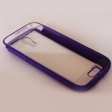 Силиконов калъф / твърд гръб / тип джоб за Samsung Galaxy S4 Mini I9190 / I9192 / I9195 - прозрачен с лилав кант