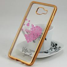 Луксозен силиконов калъф / гръб / TPU за Samsung Galaxy A5 2016 A510 - прозрачен / розови сърца / Victoria's Secret / златист кант