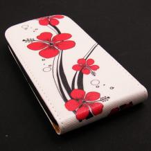 Кожен калъф Flip тефтер за Samsung Galaxy Core I8260 / I8262 - бял / червени цветя