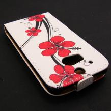 Кожен калъф Flip тефтер за HTC One M8 - червени цветя