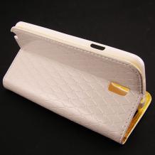Луксозен кожен калъф тип Flip тефтер със стойка за Samsung Galaxy Note 3 Neo N7505 - с камъни / бял