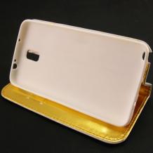 Луксозен кожен калъф тип Flip тефтер със стойка за Samsung Galaxy Note 3 Neo N7505 - с камъни / бял