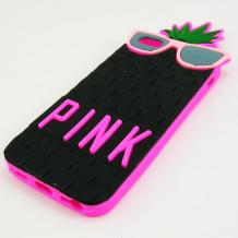 Силиконов калъф / гръб / TPU / PINK 3D за Apple iPhone 5 / iPhone 5S - черен ананас