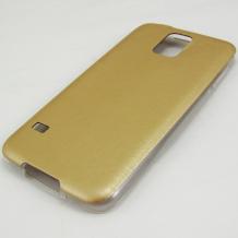 Ултра тънък силиконов калъф / гръб / TPU Ultra Thin за Samsung Galaxy S5 G900 / Galaxy S5 Neo G903 - златен с кожен гръб