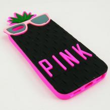 Силиконов калъф / гръб / TPU / PINK 3D за Apple iPhone 5 / iPhone 5S - черен ананас