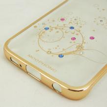 Луксозен твърд гръб / капак / MEEPHONG с камъни за Samsung Galaxy S6 Edge G925 - прозрачен / цветя 