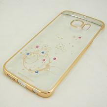 Луксозен твърд гръб / капак / MEEPHONG с камъни за Samsung Galaxy S6 Edge G925 - прозрачен / цветя 