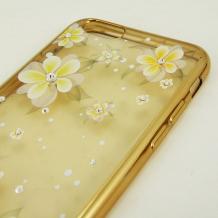 Луксозен силиконов калъф / гръб / с камъни за Apple iPhone 6 4.7" - прозрачен / златист / цветя
