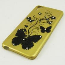 Ултра тънък силиконов калъф / гръб / TPU Ultra Thin за HTC Desire 826 - златист / цветя и пеперуди с камъни