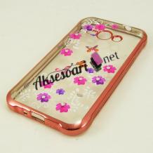 Луксозен силиконов калъф / гръб / TPU с камъни за Samsung Galaxy J1 Ace - цветя / меден кант