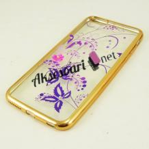 Луксозен силиконов калъф / гръб / TPU с камъни за Apple iPhone 6 Plus / iPhone 6S Plus - лилави цветя / златист кант