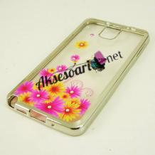 Луксозен силиконов калъф / гръб / TPU с камъни за Samsung Galaxy Note 3 N9000 / Samsung Note 3 N9005 - пеперуди и цветя / прозрачен със сребрист кант