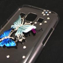 Луксозен твърд гръб 3D с камъни за Samsung Galaxy J1 / Samsung J1 - прозрачен / сини пеперуди