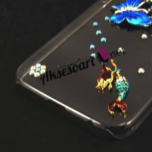Луксозен твърд гръб 3D с камъни за Samsung Galaxy S6 G920 - прозрачен / сини пеперуди