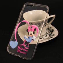 Ултра тънък силиконов калъф / гръб / TPU Ultra Thin за Apple iPhone 6 / iPhone 6S - прозрачен / Minnie Mouse / синьо и розово сърце