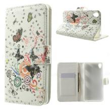 Кожен калъф Flip тефтер със стойка за Sony Xperia Z3 - бял с цветя и пеперуди / брокат