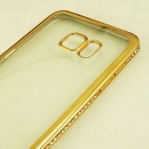 Луксозен силиконов калъф / гръб / TPU с камъни за Samsung Galaxy S6 Edge+ G928 / S6 Edge Plus - прозрачен / златист кант