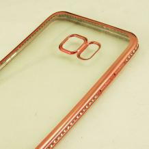 Луксозен силиконов калъф / гръб / TPU с камъни за Samsung Galaxy S6 Edge+ G928 / S6 Edge Plus - прозрачен / Rose Gold