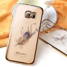 Луксозен твърд гръб KINGXBAR Swarovski Diamond за Samsung Galaxy S7 Edge G935 - прозрачен със златен кант / синьо цвете