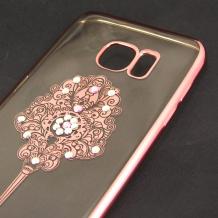 Луксозен силиконов калъф / гръб / TPU с камъни за Samsung Galaxy S7 Edge G935 - прозрачен / орнамент / Rose Gold кант