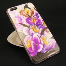 Луксозен силиконов калъф / гръб / TPU с камъни за Apple iPhone 6 Plus / iPhone 6S Plus - прозрачен / лилави и розови цветя