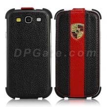 Кожен калъф Flip за Samsung GALAXY S3 S III SIII I9300 - черно с червено / Porsche