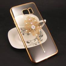 Луксозен силиконов калъф / гръб / TPU с камъни за Samsung Galaxy S7 G930 - прозрачен / орнамент / златист кант