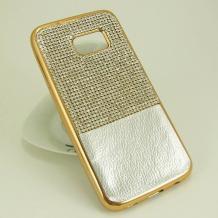 Луксозен силиконов калъф / гръб / TPU с камъни за Samsung Galaxy S7 Edge G935 - сребрист / имитиращ кожа