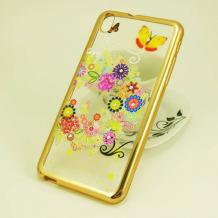 Луксозен силиконов калъф / гръб / TPU с камъни за HTC Desire 826 - прозрачен / цветя и пеперуди със златист кант