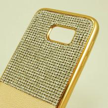 Луксозен силиконов калъф / гръб / TPU с камъни за Samsung Galaxy S7 Edge G935 - златист / имитиращ кожа