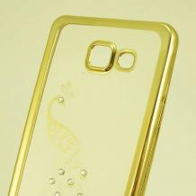 Луксозен силиконов калъф / гръб / TPU с камъни за Samsung Galaxy A3 2016 A310 - прозрачен / паун / златист кант