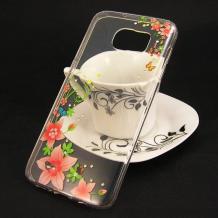 Луксозен силиконов калъф / гръб / TPU с камъни за Samsung Galaxy S7 Edge G935 - прозрачен / цветя и пеперуди