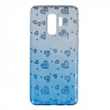 Силиконов калъф / гръб / TPU за Samsung Galaxy S9 G960 - преливащ / сребристо и синьо / сърца / брокат