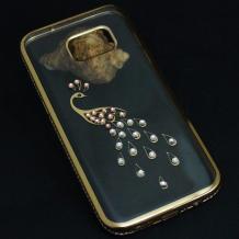 Силиконов калъф / гръб / TPU за Samsung Galaxy S7 Edge G935 - прозрачн със златист кант / Паун с камъни