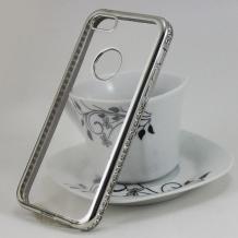 Луксозен силиконов калъф / гръб / TPU с камъни за Apple iPhone 5 / iPhone 5S / iPhone SE - прозрачен / сребрист кант