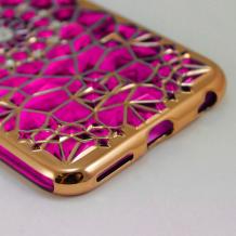 Луксозен силиконов калъф / гръб / TPU 3D с камъни за Apple iPhone 6 / iPhone 6S - цикламен / фигури / златист кант